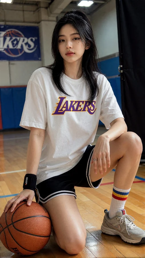 Lakers Girl on Court with Ball