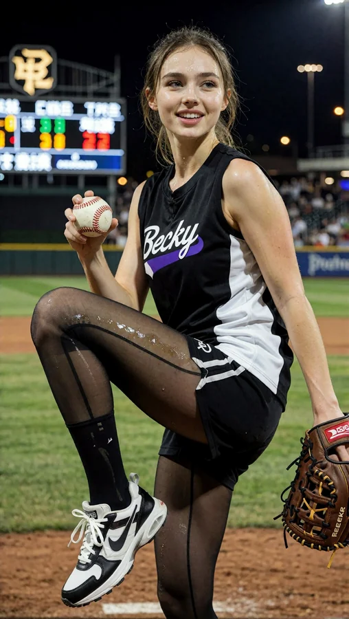 Becky Throws Baseball on Field Night
