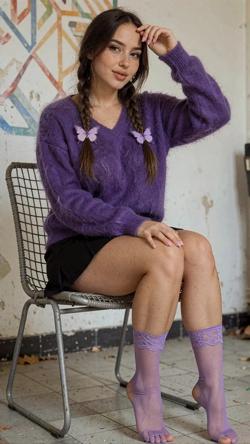 Purple Butterfly Girl on Wire Chair