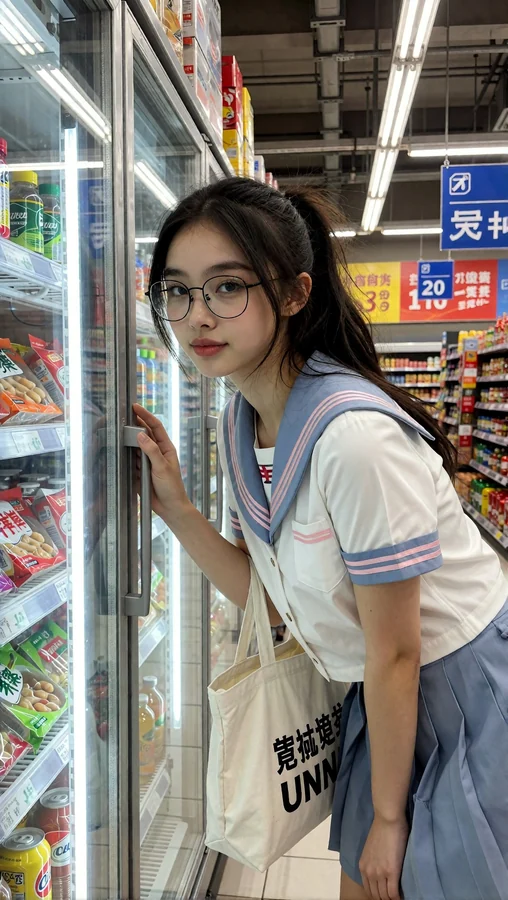 Girl In Sailor Dress At Grocery Store