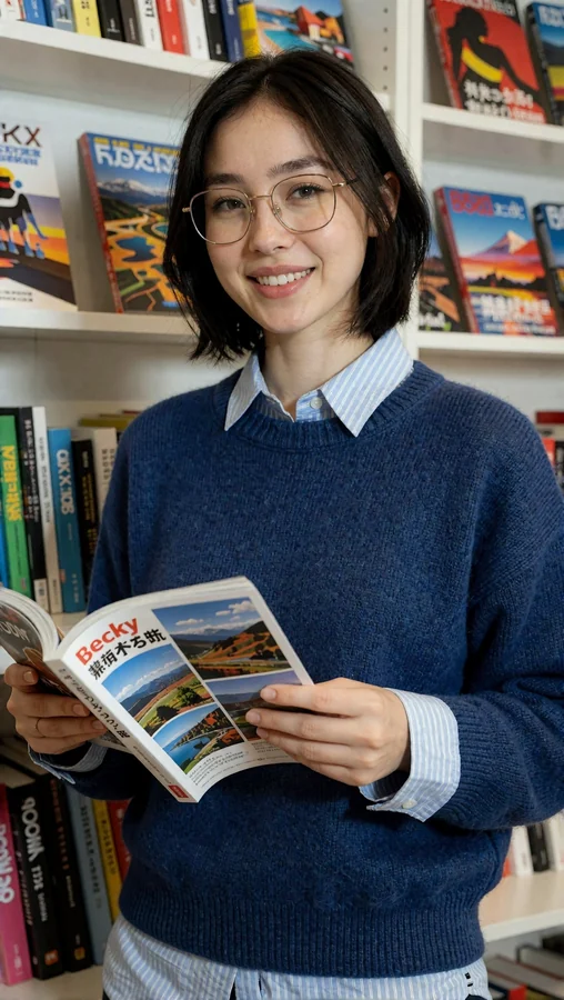 Smiling Reader in Blue Sweater