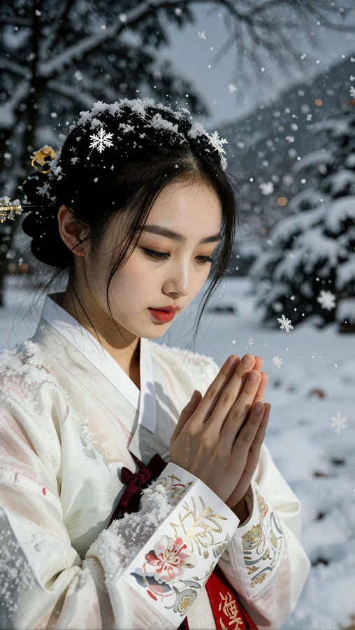 Snow-Kissed Maiden Praying In Winter Garden