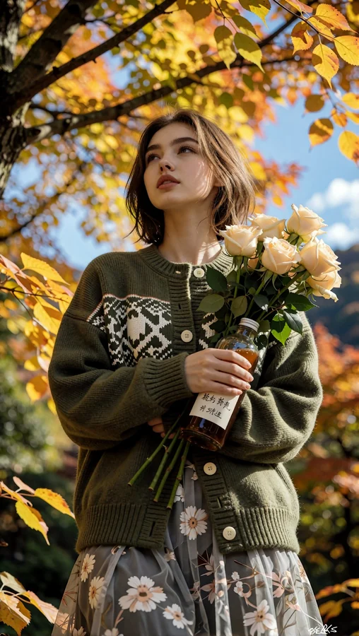 Autumn Bloom with Warm Knit Cardigan