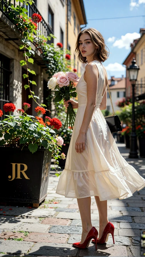 Woman with Roses on Cobblestone Street